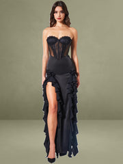 Talia Black Satin Lace Corset Maxi Dress