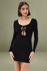 Long Sleeve Cut Out Details Black Bodycon Rib Dress