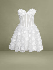 Pamila White Floral Mesh Puffy Mini Dress