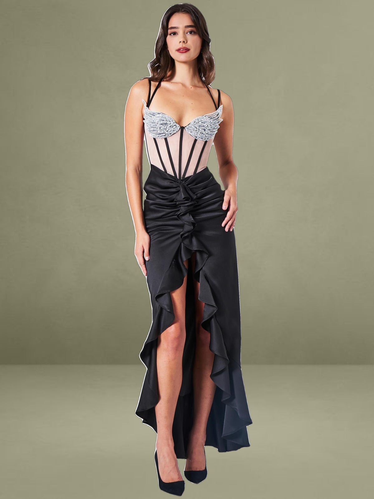 Rafaela Black Satin Corset Sequin Wing Cup Dress