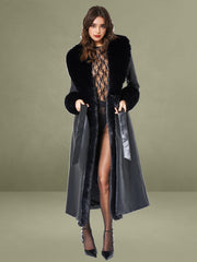 Black Vegan Fur Trim Black Vegan Leather Coat
