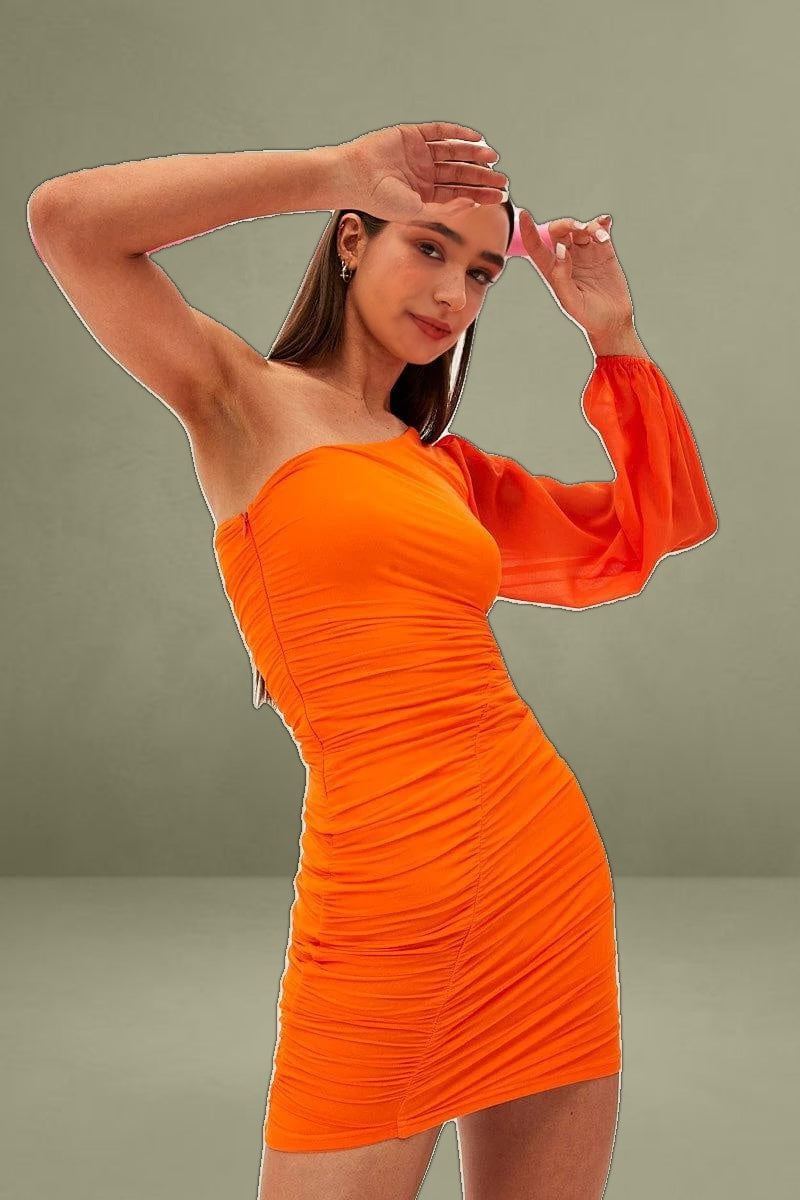Orange One Shoulder Bodycon Mini Dress