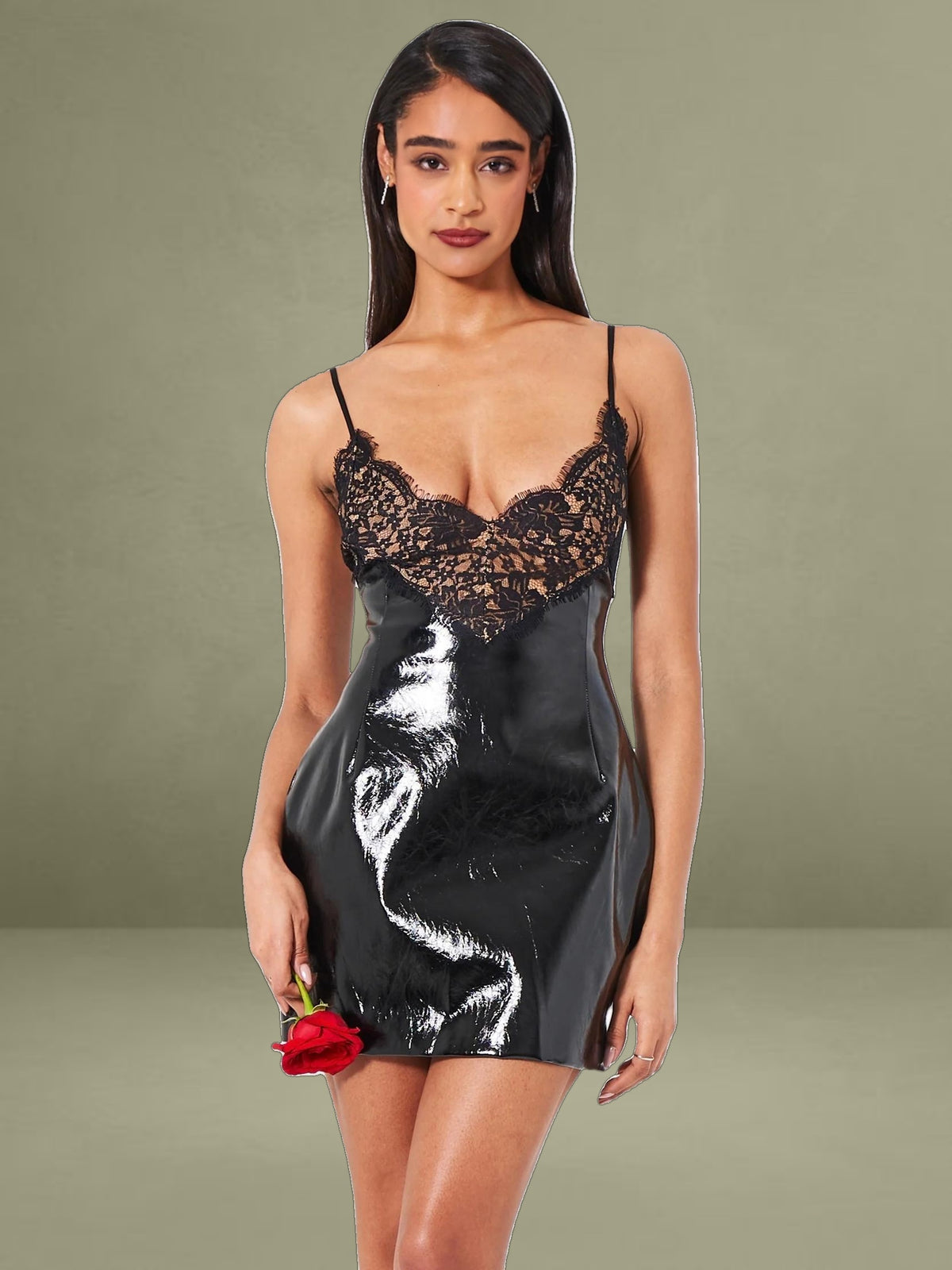 Shelby Black Vegan Leather with Lace Mini Dress