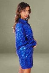 Blue Shirt Dress Long Sleeve Collar Sequins
