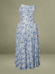 Paloma Blue Print Linen Corset Draping Top Midi Dress