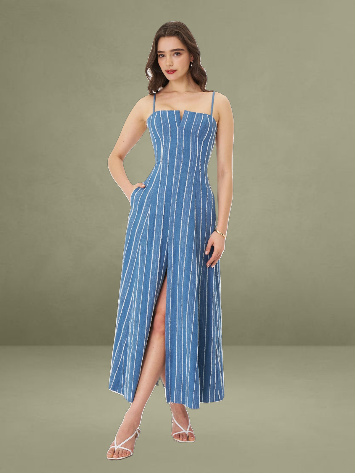 Abygail Stripe Cotton Denim Maxi Dress