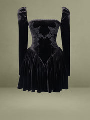 Yolanda Black Velvet Long Sleeve Mini Dress with Lace Trim