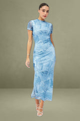Blue Print Maxi Dress Short Sleeve Crew Neck Bodycon Mesh