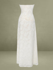 Xatia Off White Jacquard Textured High Slit Maxi Dress