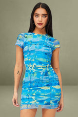 Blue Abstract Mini Dress Cap Sleeve Crew Neck Bodycon Mesh