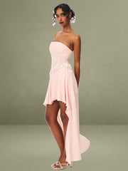 Pink Ruched Breast Appliqué Trim Trailing Dress