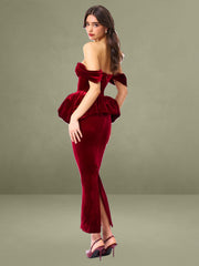 Abigail Velvet Off Shoulder Bubble Hem Peplum Maxi Dress