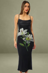 Black Floral Bodycon Dress Maxi