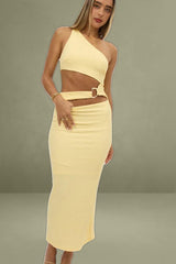 Yellow Bodycon Dress One Shoulder Textured