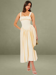 Noreen Egg White Satin Drop Waist Maxi Sundress