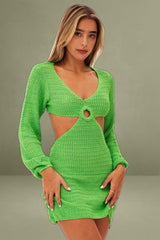 Green Crocheted Long-Sleeved Mini Cut-Out Dress