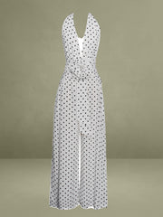 Oriana White Polka Dots Halter Jumpsuit
