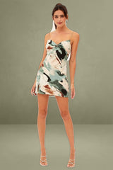 Green Floral Mini Dress Bodycon Twist Front Floral Print Satin