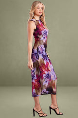 Multi Floral Bodycon Dress Round Neck Sleeveless Mesh