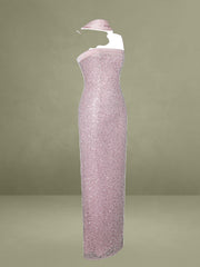 Raizel Pink Beaded Sequin Bodycon Gown with Scarf