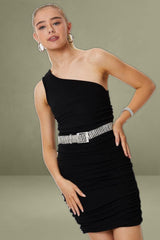 Black One Shoulder Ruched Bodycon Dress
