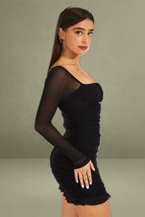 Black Bodycon Dress Ruched Mesh
