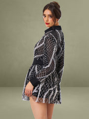 Rachelle Black Embroidered Mesh Mini Shirt Dress