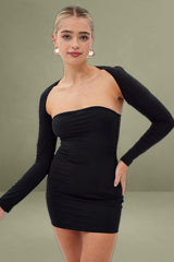 Black Strapless Dress and Bolero Set in Nylon