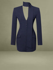 Tahlia Deep V Pinstripes Navy Blue Blazer Dress with scarf collar