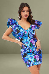 Floral Ruffled Shoulder Deep-V Mini Dress