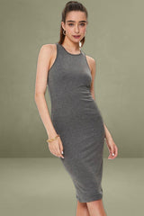 Grey Racer Neck Tie Front Midi Bodycon Dress