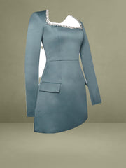 Gabella Dark Green Long Sleeve A-line Mini Dress with Crystal Trim