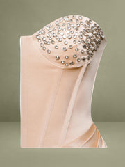 Amelia Blush Satin Corset Slit Gown With Crystal Embellished