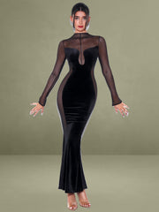 Paislee Black Velvet Mesh Long Sleeve Gown