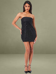 Felina Black Satin Sequin Pearls Beaded Mini Dress