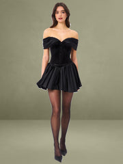Echo Black Velvet Off-shoulder Pleated Mini Dress