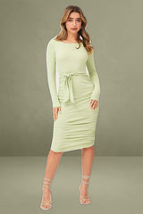 Green Bodycon Dress Long Sleeve Midi Ruched