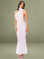 Olena White Burnout Velvet Animal Print Mesh Halter Neck Maxi Dress