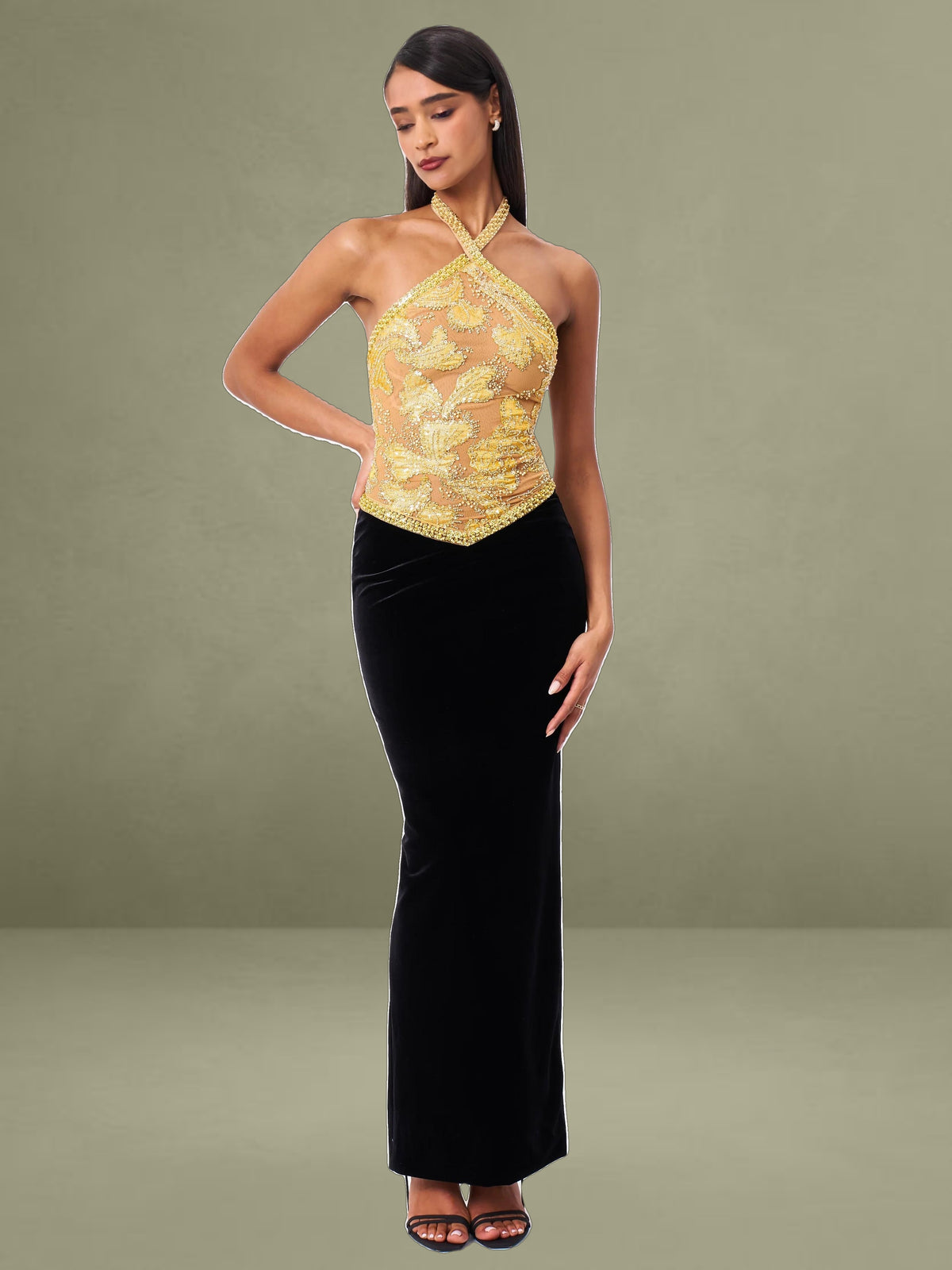 Gazelle Gold Embroidered Vintage Style Maxi Dress