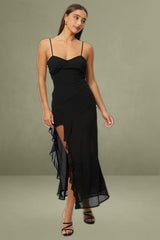 Black Bodycon Dress Maxi Ruffle Slit Chiffon