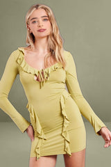 Green Ruffle Mini Dress Bell Cuff Bodycon Dress