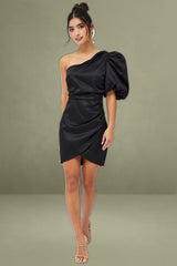 Black One Shoulder Puff Sleeve Statement Dress