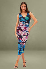 Blue Printed Dress Butterfly And Flower Ruched Bodycon