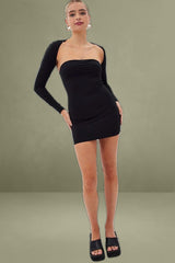 Black Strapless Dress and Bolero Set in Nylon