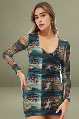 Multi Print Mini Dress Long Sleeve V-Neck Bodycon Ruched Waist
