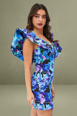 Floral Ruffled Shoulder Deep-V Mini Dress