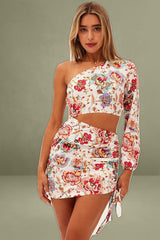 White Print One Shoulder Cutout Dress