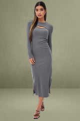 Grey Long Sleeve Mock Neck Cut Out Midi Bodycon Dress