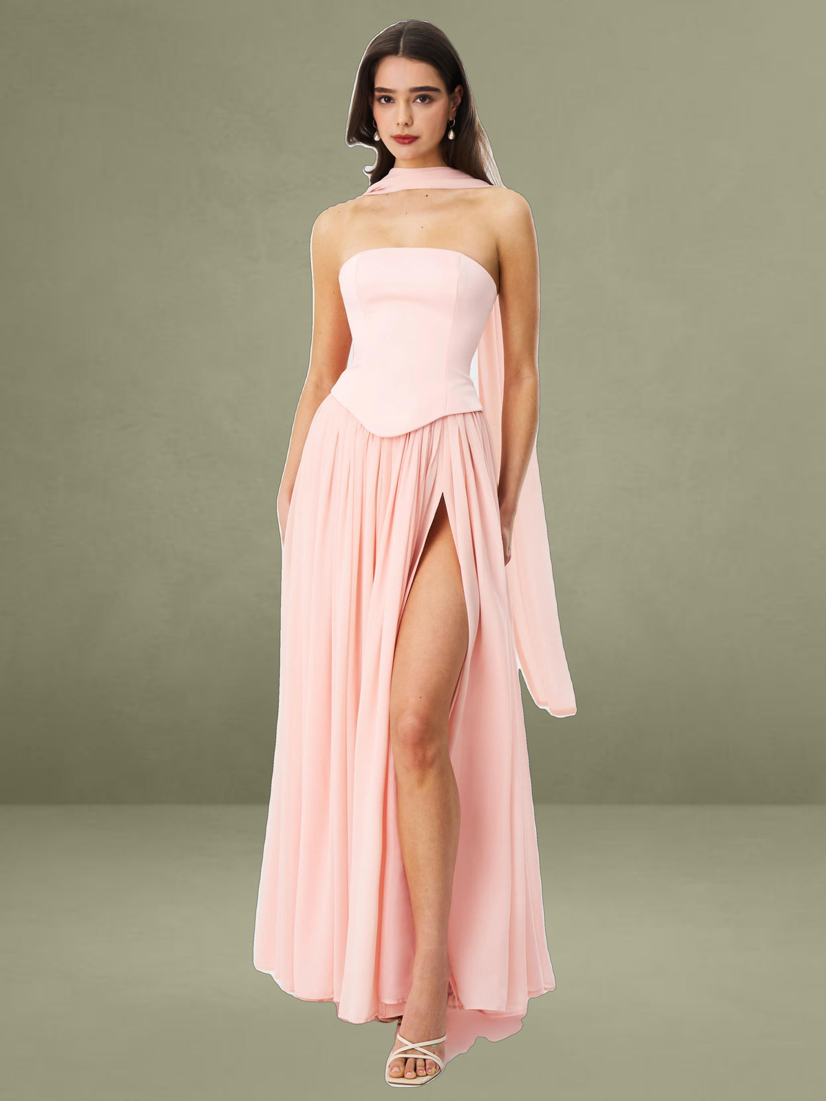 Qianna Baby Pink Peplum Top Drop Waist Chiffon Gown