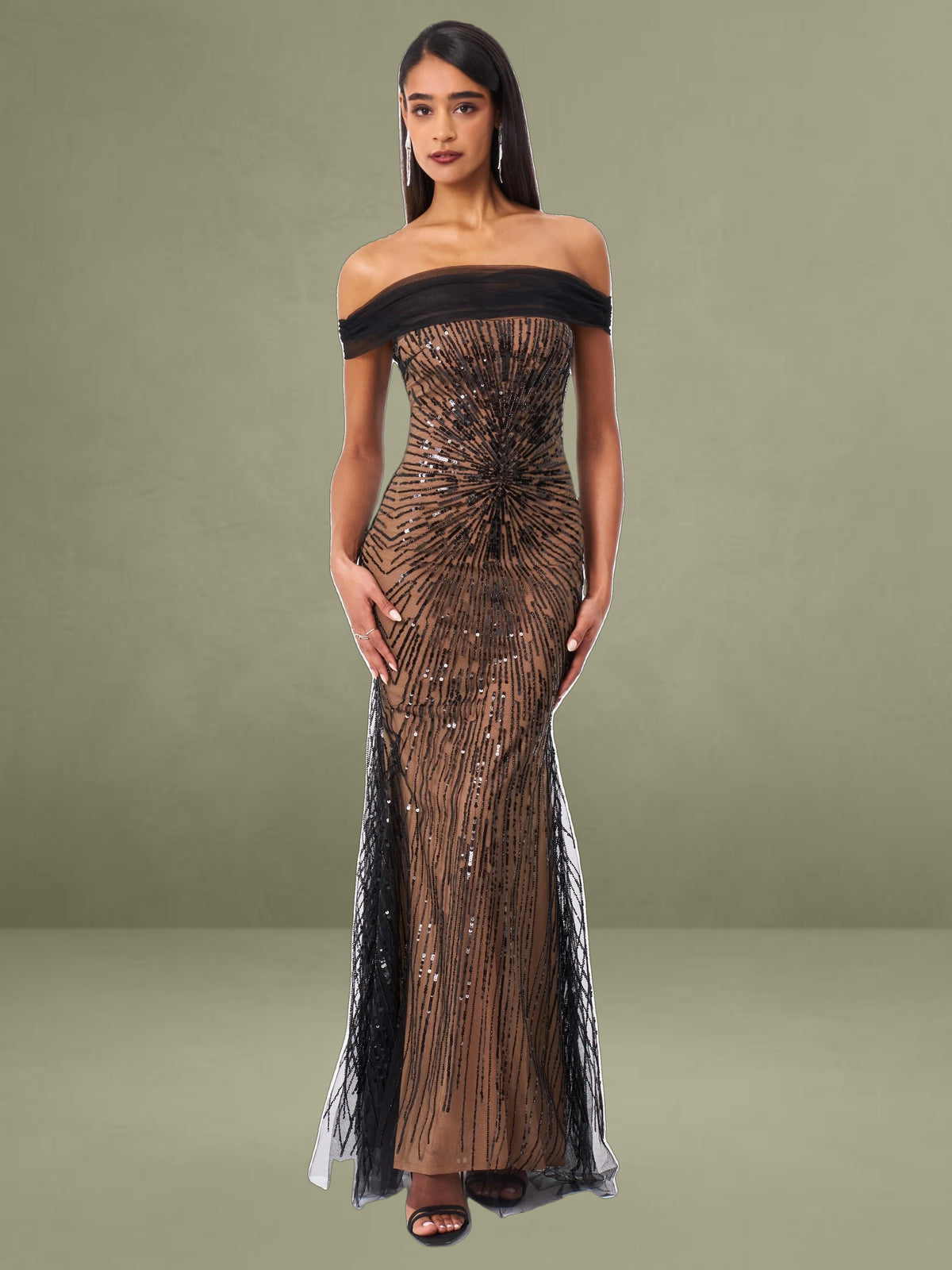 Qeturah Embroidered Sequin Off Shoulder Mesh Gown